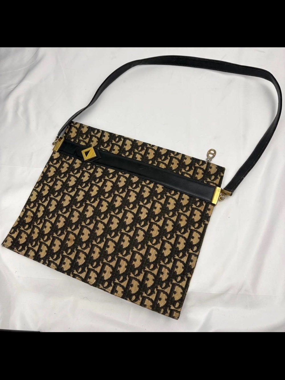 Dior Tan and Black Monogram Canvas Shoulder Bag with Gold Accents